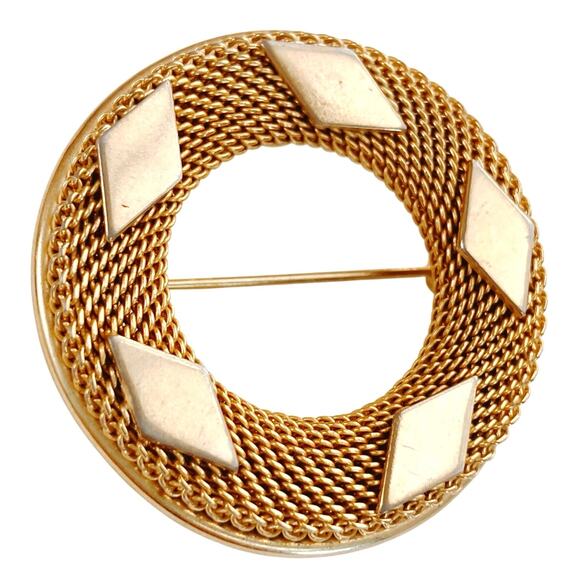 Signed Kramer Mid Century Modern Gold Tone Mesh Circle Brooch Geometric 50s 60s - Picture 1 of 10